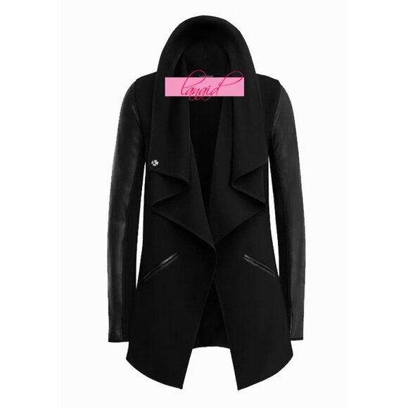 Spanx Faux Leather Drape Front Jacket Very Black Edgy Motorcycle Leather Coat S - Picture 13 of 16